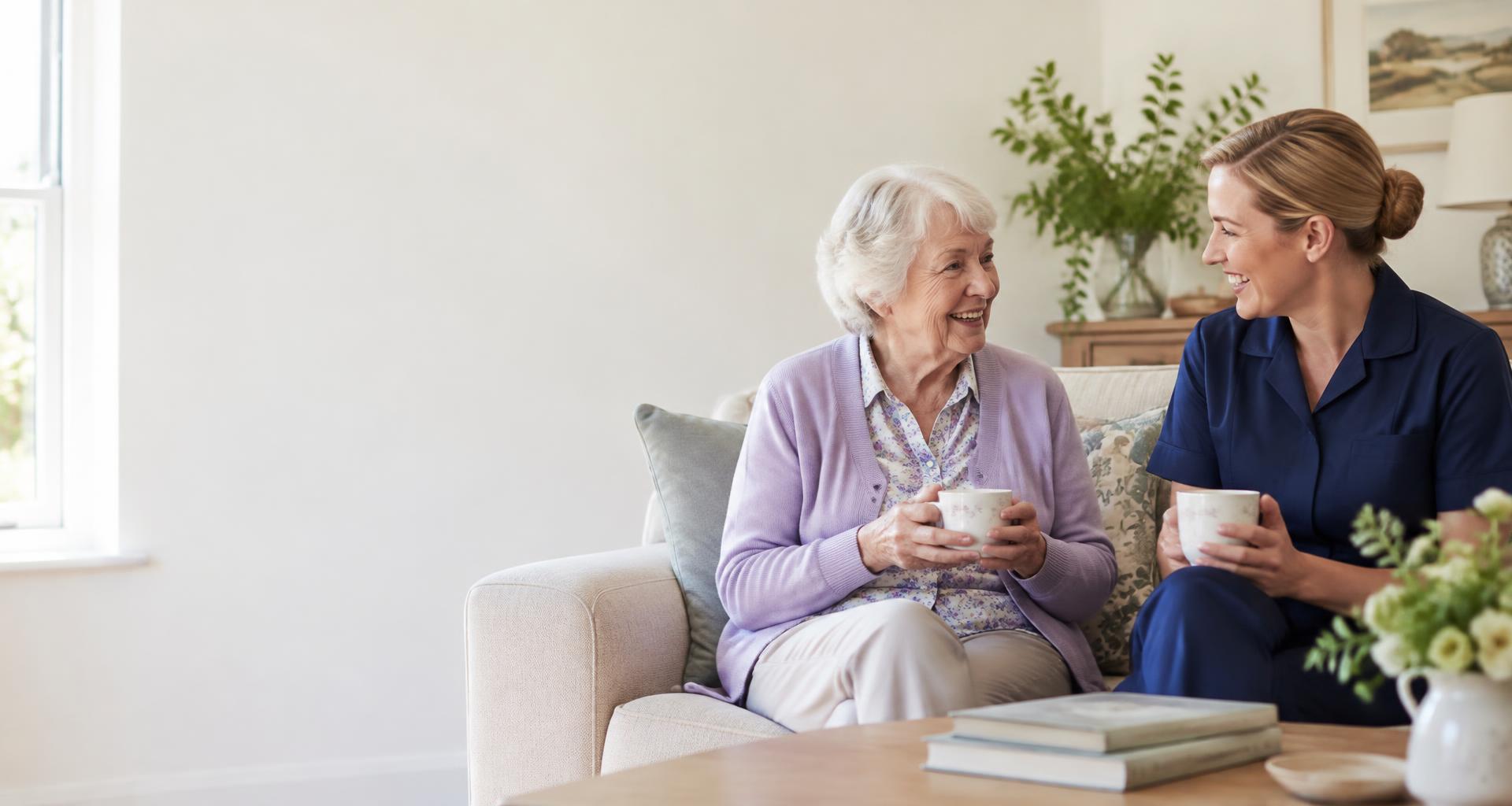A carer and an older woman enjoying a conversation at home