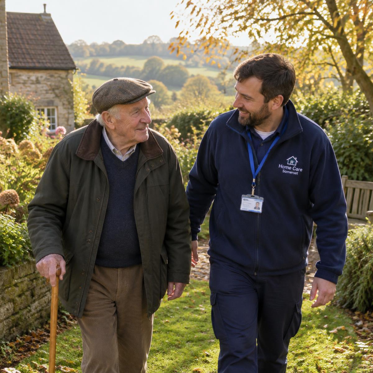 A carer accompanying an older gentleman on a garden walk